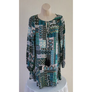 Women's Boho Blue/Green Patchwork Print, Above knee Tunic Dress --Sz Small